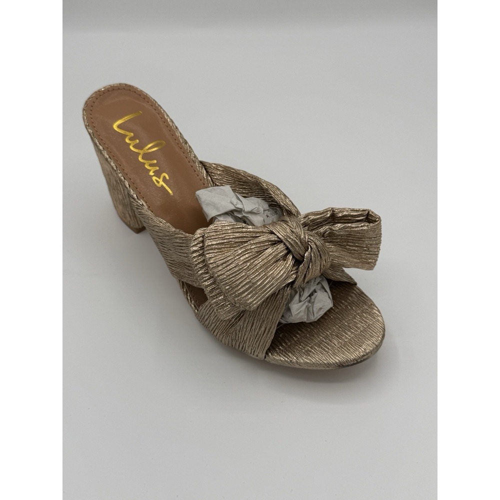 Lulus Dorothea gold knotted high heel sandals pleated metallic fabric Size 6.5